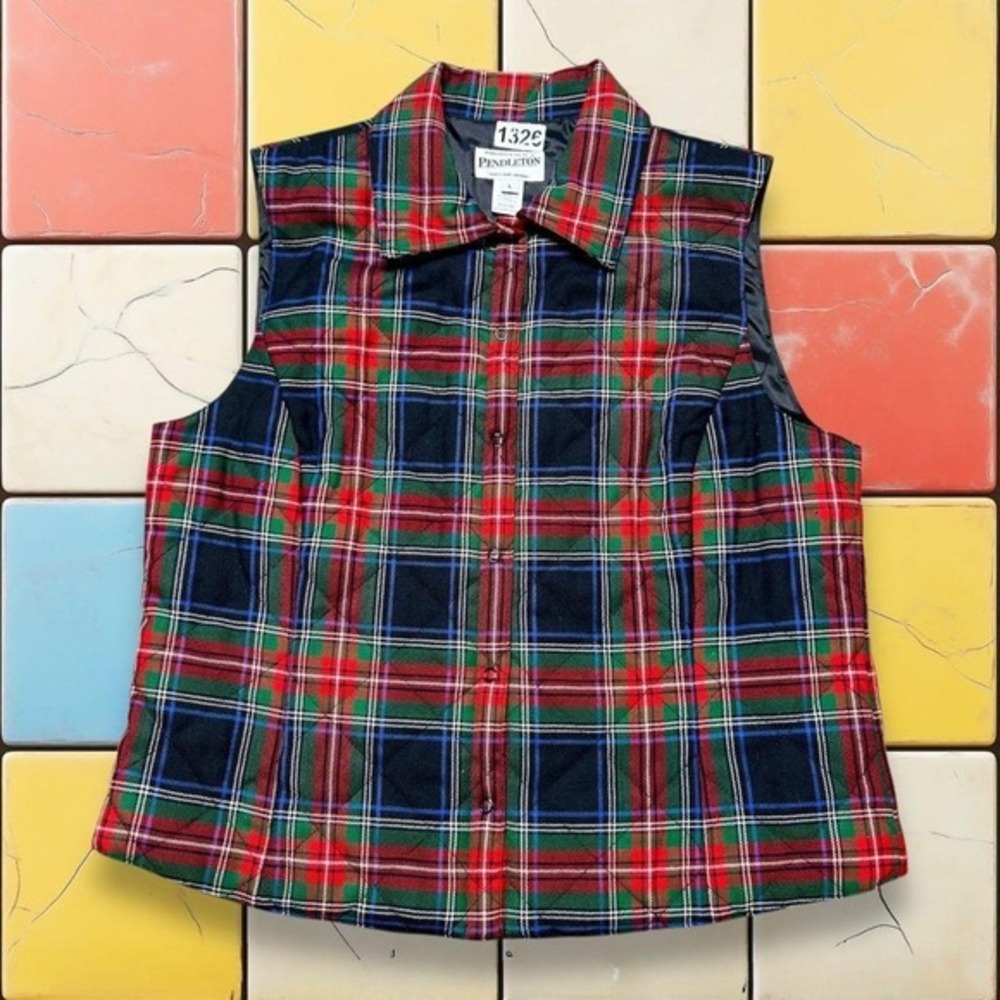 Vintage Pendelton Plaid Flannel Vest 90s‎ Womans L Tartan USA Red Waist Coat
